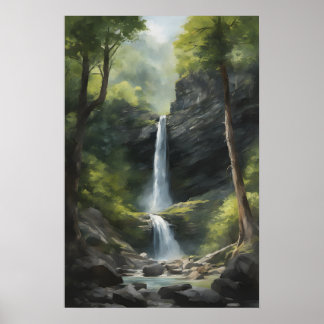Watercolor painting of Nature waterfall Poster