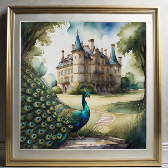 Watercolor Painting of Peacock and Chateau 1:1 Poster (Creator Uploaded)