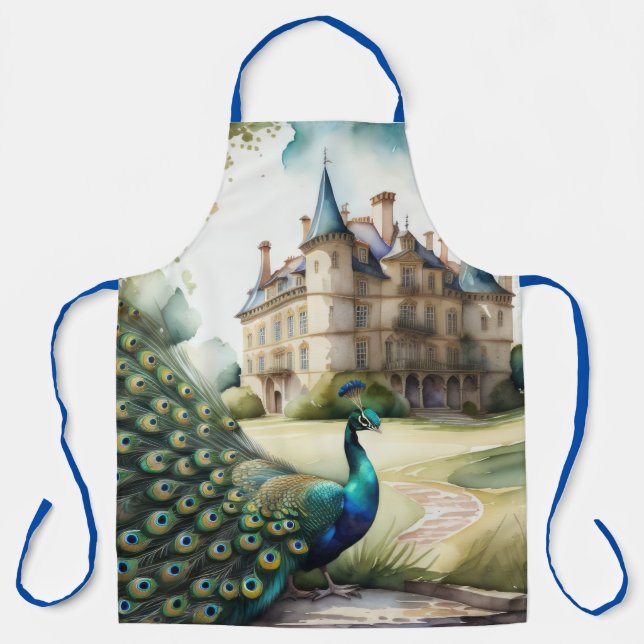 Watercolor Painting of Peacock and Chateau Apron (Front)