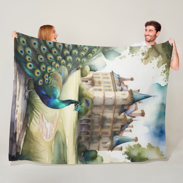 Watercolor Painting of Peacock and Chateau Fleece Blanket (In Situ)