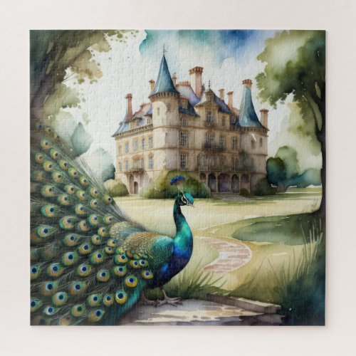 Watercolor Painting of Peacock and Chateau Jigsaw Puzzle