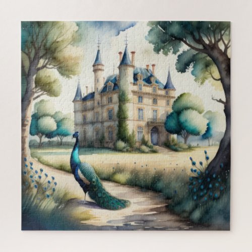 Watercolor Painting of Peacock and Chateau Jigsaw Puzzle