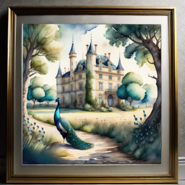 Watercolor Painting of Peacock and Chateau Poster (Creator Uploaded)