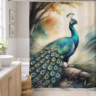 Watercolor Painting of Peacock Shower Curtain