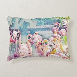 Watercolor Painting of Pink Flamingos in the Water Accent Pillow