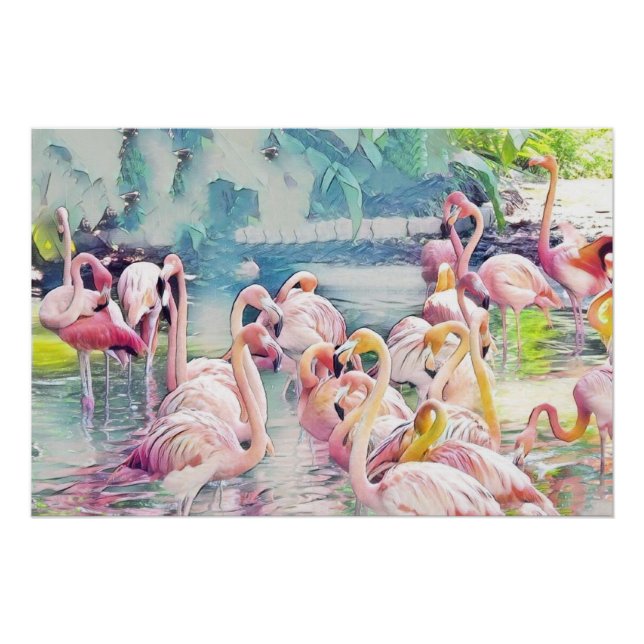 Watercolor Painting of Pink Flamingos in the Water Poster (Front)