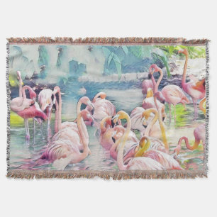 Watercolor Painting of Pink Flamingos in the Water Throw Blanket