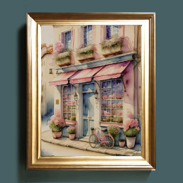 Watercolor Painting of Pink Flower Shop Paris 5:4 Poster