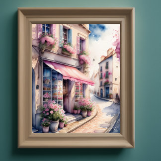 Watercolor Painting of Pink Flower Shop Paris 5:4 Poster