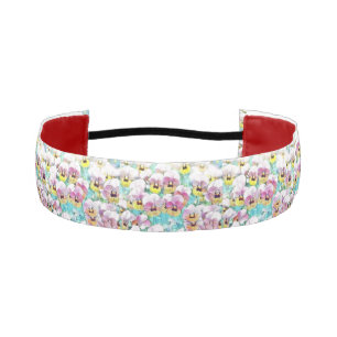 Watercolor painting of pink yellow white pansies athletic headband