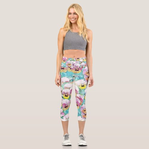 Watercolor painting of pink yellow white pansies  capri leggings