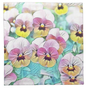 Watercolor painting of pink, yellow, white pansies cloth napkin