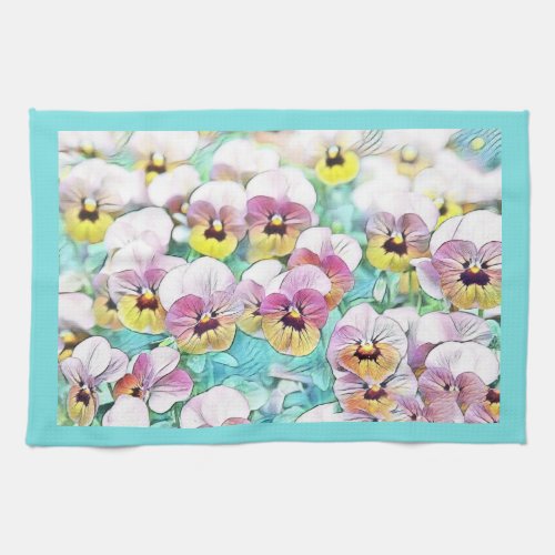 Watercolor painting of pink yellow white pansies kitchen towel