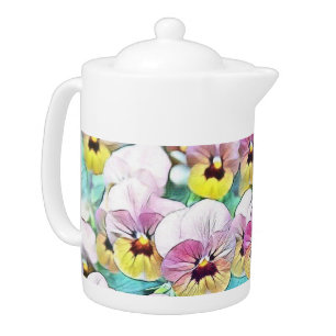 Watercolor painting of pink, yellow, white pansies teapot