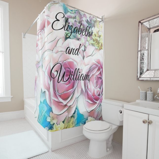 Watercolor Painting of pink yellow white roses Shower Curtain (In Situ)