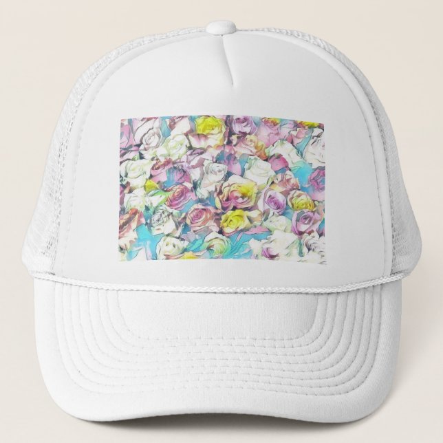 Watercolor Painting of pink yellow white roses  Trucker Hat (Front)