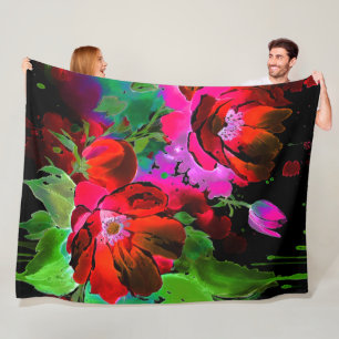 Watercolor Painting of Red Flowers on Black Fleece Blanket