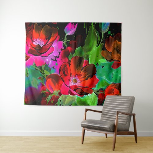 Watercolor Painting of Red Flowers on Black Tapestry