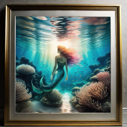 Watercolor Painting of Red Haired Mermaid 1:1 Poster