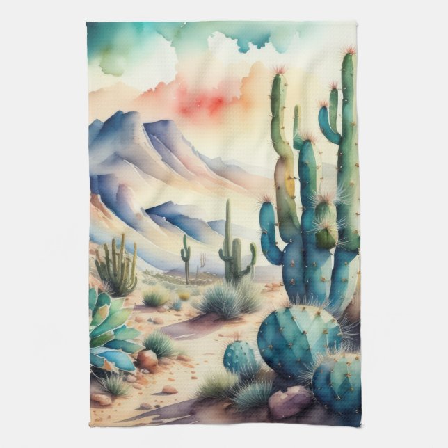 Watercolor Painting of Rural Landscape Desert Kitchen Towel (Vertical)