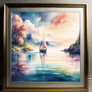Watercolor Painting of Sailboat on Lake Poster
