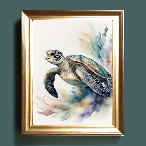 Watercolor Painting of Sea Turtle Muted Colors Poster