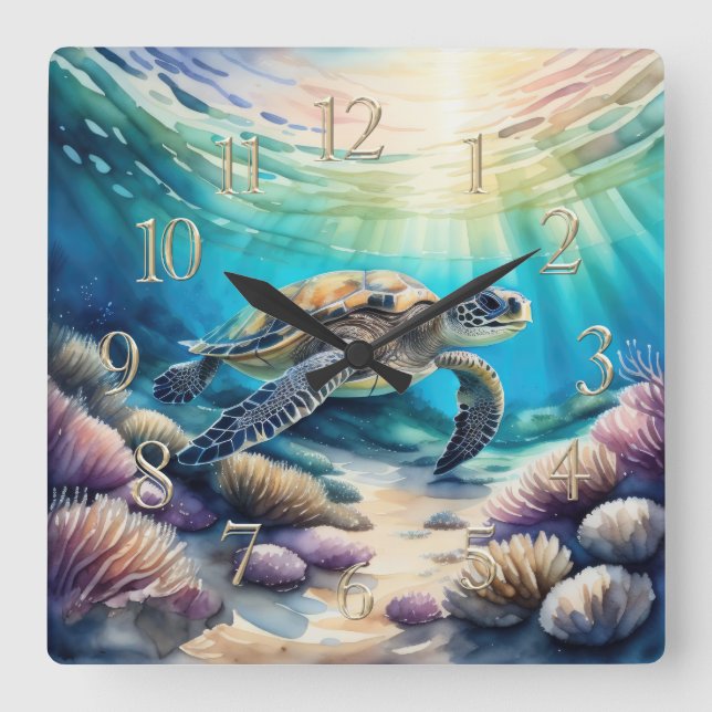 Watercolor Painting of Sea Turtle XIII Square Wall Clock (Front)