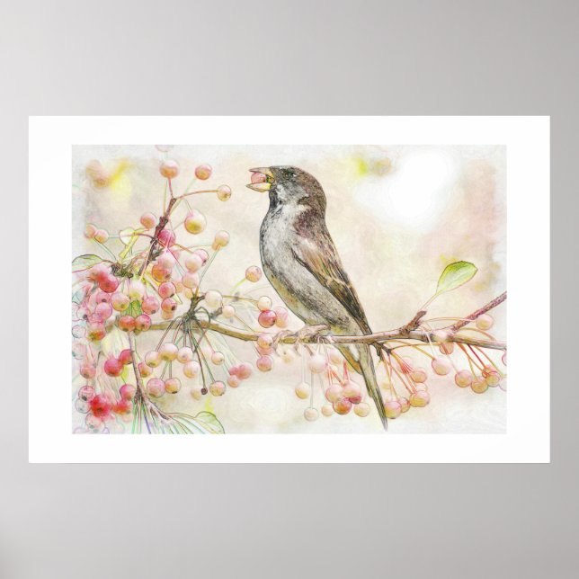 Watercolor Painting of Sparrow Eating Berries Poster (Front)