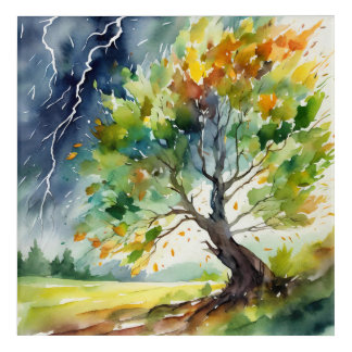 Watercolor Painting of Tree Under Lightning Storm Acrylic Print