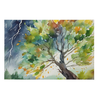Watercolor Painting of Tree Under Lightning Storm Faux Canvas Print
