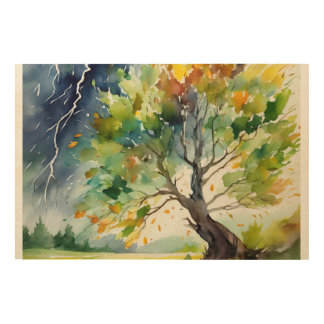 Watercolor Painting of Tree Under Lightning Storm Wood Wall Art
