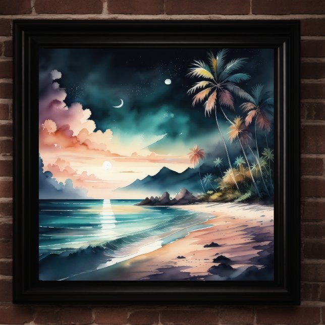 Watercolor Painting of Tropical Beach at Night Poster (Creator Uploaded)