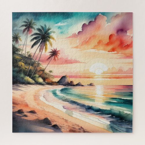 Watercolor Painting of Tropical Beach Sunset Jigsaw Puzzle