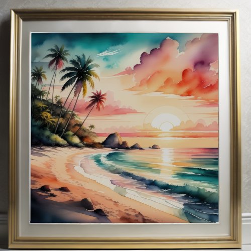 Watercolor Painting of Tropical Beach Sunset Poster