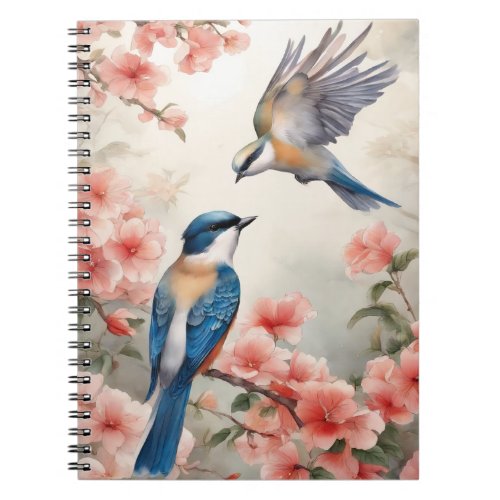 Watercolor painting of two birds and pink flowers notebook