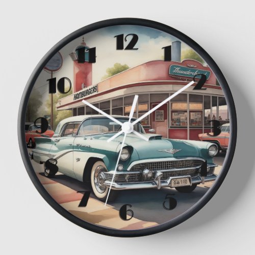 Watercolor Painting of Vintage Car and Diner Clock