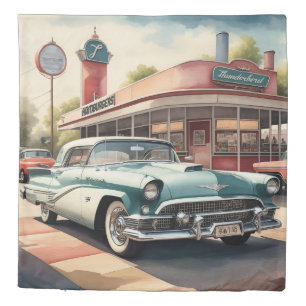 Watercolor Painting of Vintage Car and Diner Duvet Cover