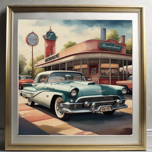 Watercolor Painting of Vintage Car and Diner Poster