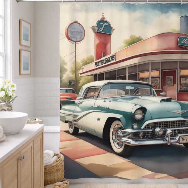 Watercolor Painting of Vintage Car and Diner Shower Curtain (Creator Uploaded)