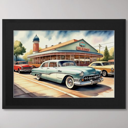Watercolor Painting of Vintage Cars and Diner Poster