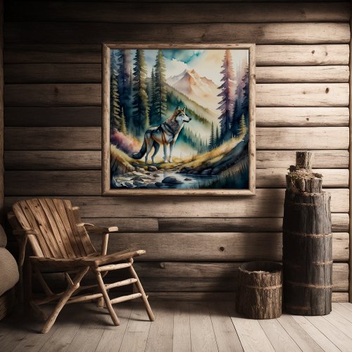 Watercolor Painting of Wolf in Forest 11 Poster