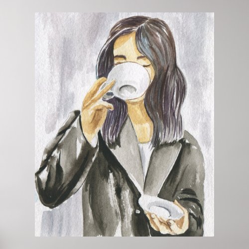 Watercolor Painting of Woman Drinking Coffee Mode Poster