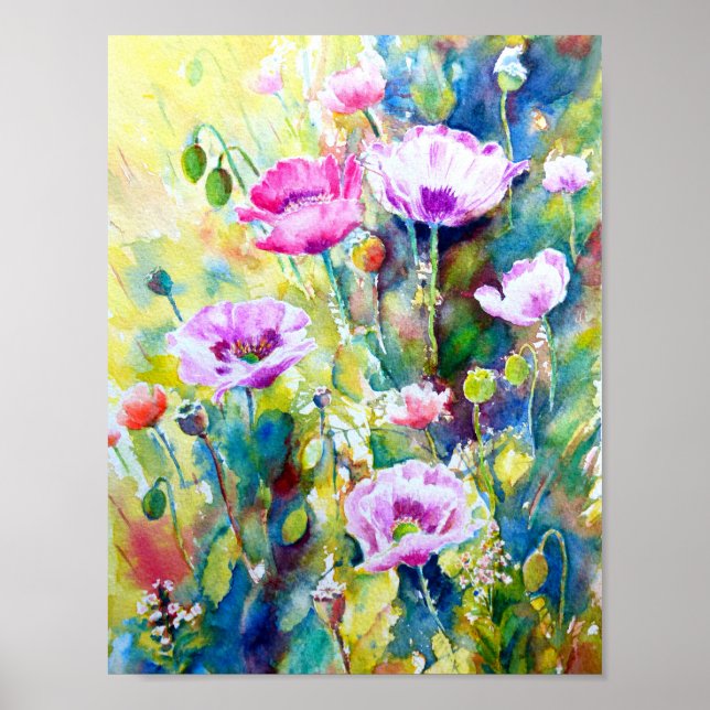 Watercolor Painting purple Poppies Poster (Front)