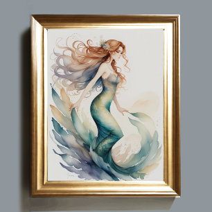 Watercolor Painting Red Haired Mermaid Poster