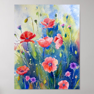 Watercolor Painting Red Poppies Poster