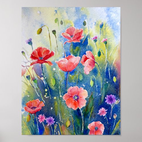 Watercolor Painting Red Poppies Poster