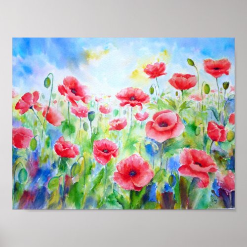 Watercolor Painting Red Poppy Field Poster