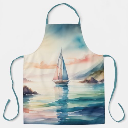 Watercolor Painting Sailboat on the Water Apron