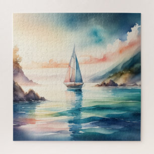 Watercolor Painting Sailboat on the Water Jigsaw Puzzle