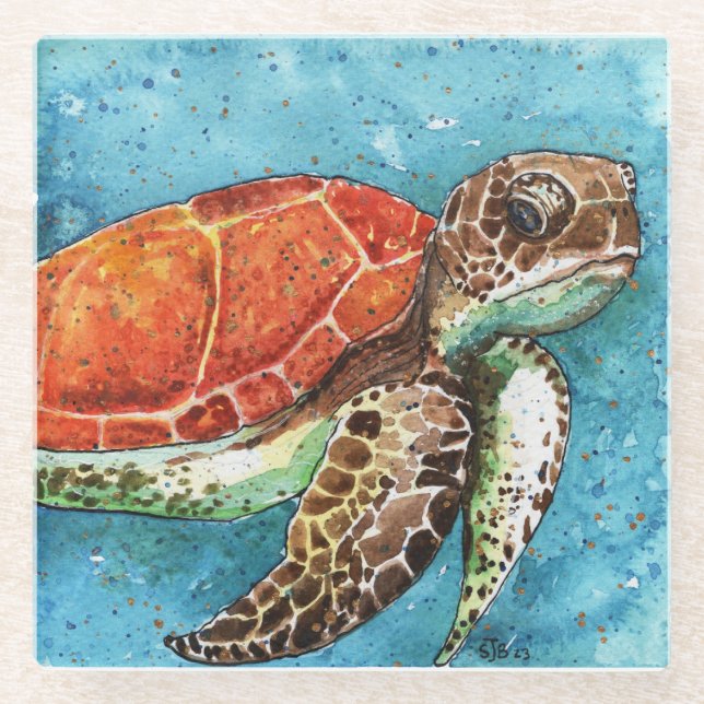 Watercolor Painting- Sea Turtle coaster (Front)